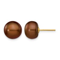 14K Yellow Gold 9-10mm Brown Button Freshwater Cultured Pearl Stud Post Earrings view 1