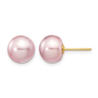 14K Yellow Gold 9-10mm Purple Button Freshwater Cultured Pearl Stud Post Earrings view 1