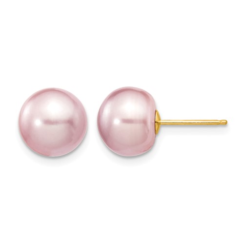 14K Yellow Gold 9-10mm Purple Button Freshwater Cultured Pearl Stud Post Earrings