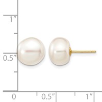 14K Yellow Gold 9-10mm White Button Freshwater Cultured Pearl Stud Post Earrings view 4