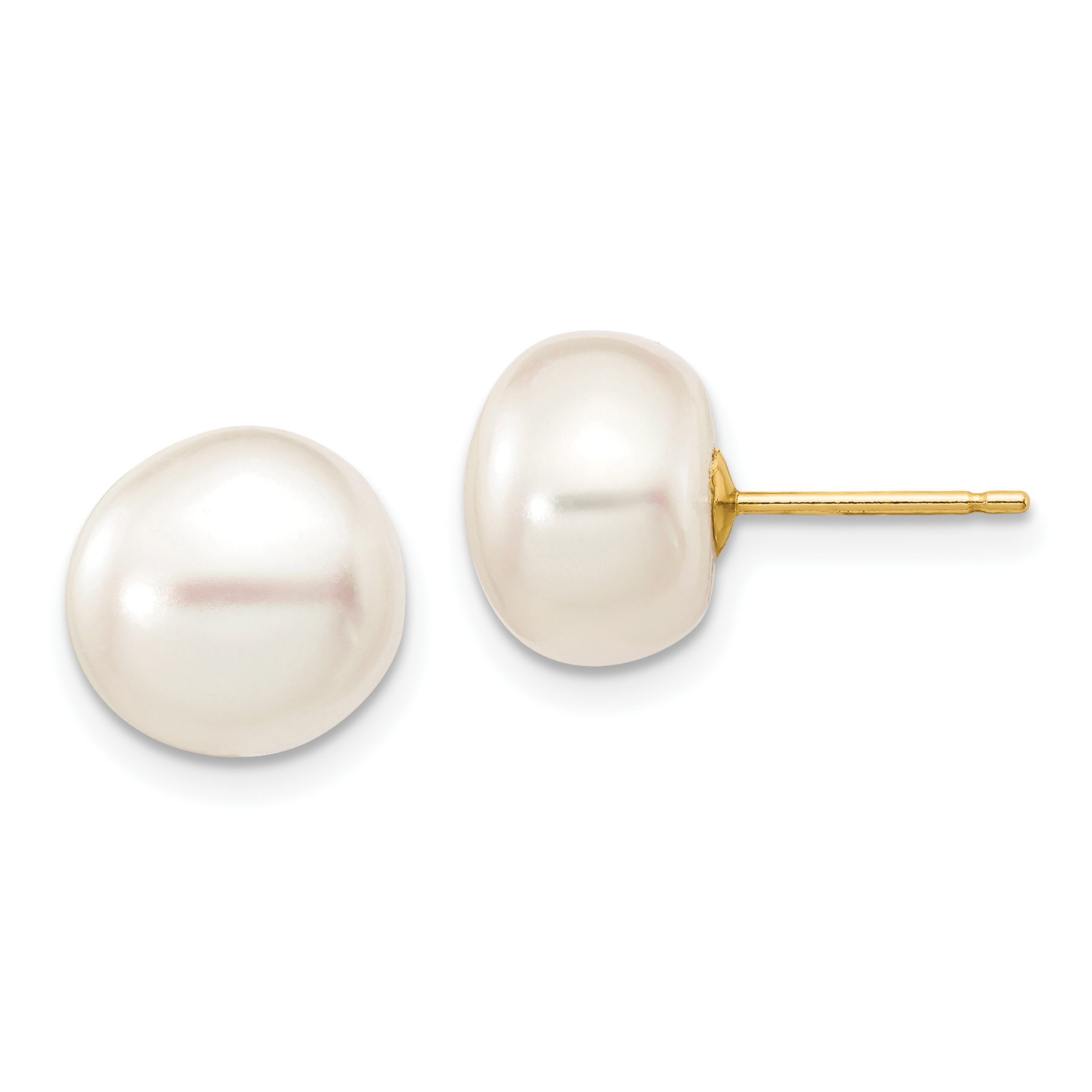 14k 9-10mm White Button Freshwater Cultured Pearl Stud Post Earrings (X90BW)