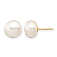 14K Yellow Gold 9-10mm White Button Freshwater Cultured Pearl Stud Post Earrings view 1