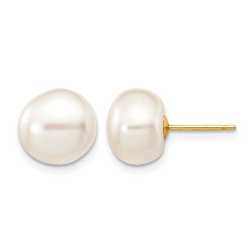 14K Yellow Gold 9-10mm White Button Freshwater Cultured Pearl Stud Post Earrings