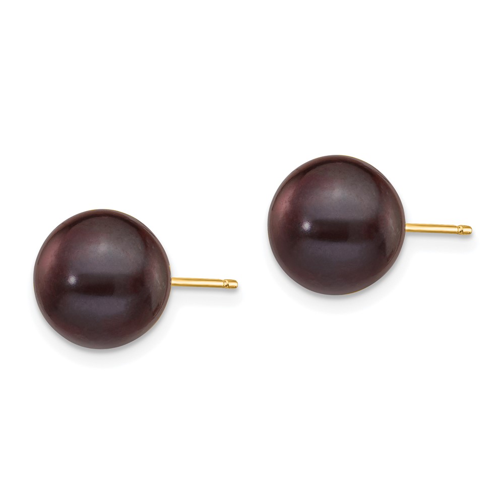14k 9-10mm Black Round Freshwater Cultured Pearl Stud Post Earrings (X90PB)