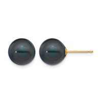 14K Yellow Gold 9-10mm Black Round Freshwater Cultured Pearl Stud Post Earrings view 1