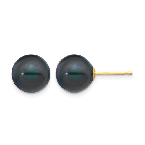 14K Yellow Gold 9-10mm Black Round Freshwater Cultured Pearl Stud Post Earrings