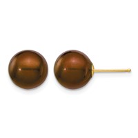 14K Yellow Gold 9-10mm Brown Round Freshwater Cultured Pearl Stud Post Earrings view 1