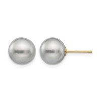 14K Yellow Gold 9-10mm Grey Round Freshwater Cultured Pearl Stud Post Earrings view 1