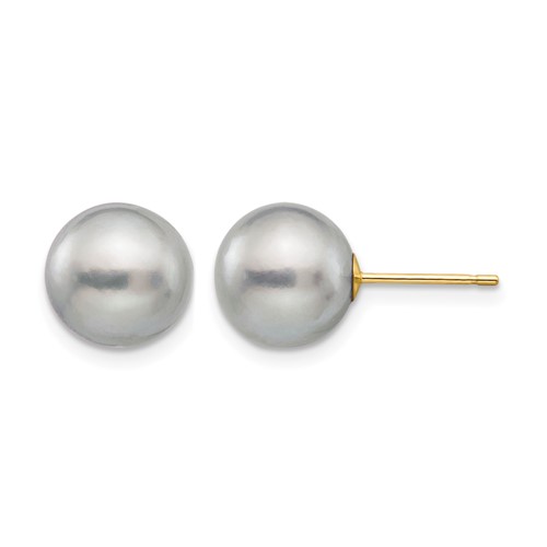 14K Yellow Gold 9-10mm Grey Round Freshwater Cultured Pearl Stud Post Earrings