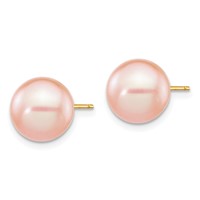 14K Yellow Gold 9-10mm Pink Round Freshwater Cultured Pearl Stud Post Earrings view 2
