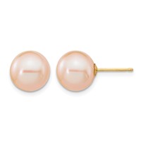 14K Yellow Gold 9-10mm Pink Round Freshwater Cultured Pearl Stud Post Earrings view 1