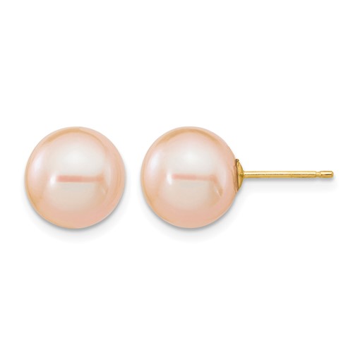 14K Yellow Gold 9-10mm Pink Round Freshwater Cultured Pearl Stud Post Earrings