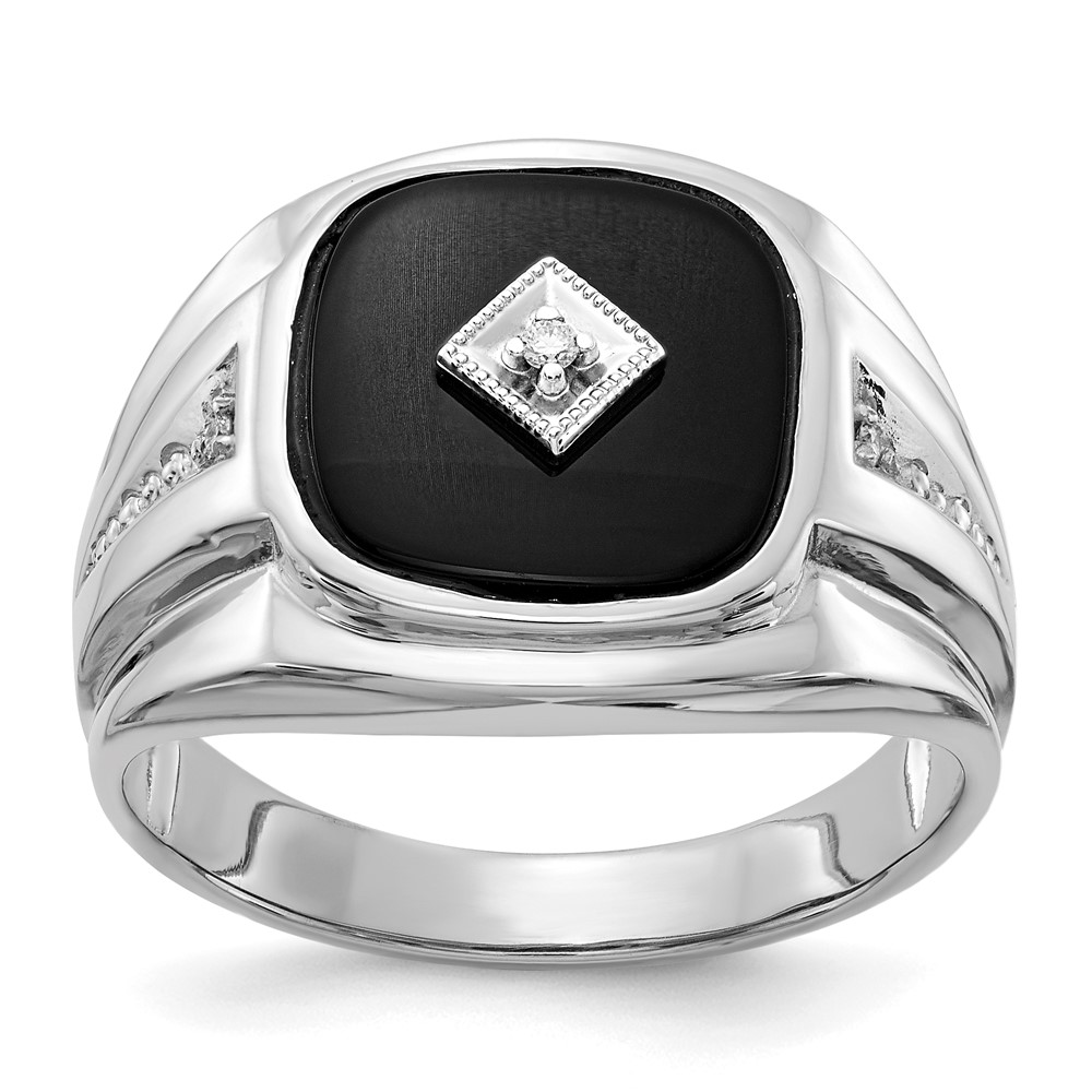 IB Goodman 14K White Gold Cushion Onyx and AA Diamond Mens Ring