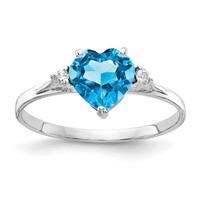14K White Gold 7mm Heart Blue Topaz and 0.05 Carat a Diamond Ring view 1