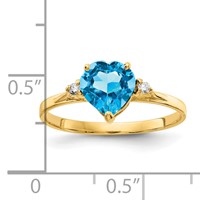 14K 7mm Yellow Gold Heart Blue Topaz and 1/20 Carat Aaa Diamond Ring view 2