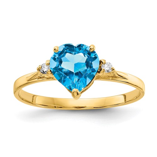 14K 7mm Yellow Gold Heart Blue Topaz and 1/20 Carat AA Diamond Ring