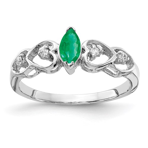 14K White Gold 6x 3mm Marquise Emerald and 0.05 Carat Aaa Diamond Heart Ring