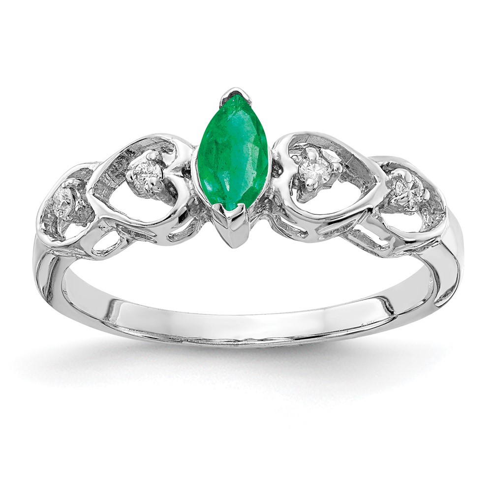14K White Gold 6x 3mm Marquise Emerald and 0.05 Carat a Diamond Heart Ring