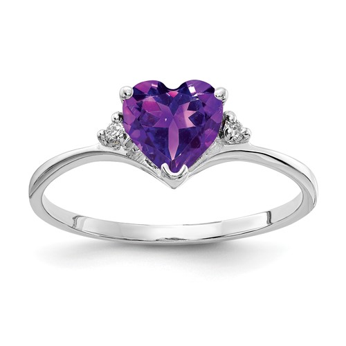 14K White Gold 6mm Heart Amethyst and AA Diamond Ring