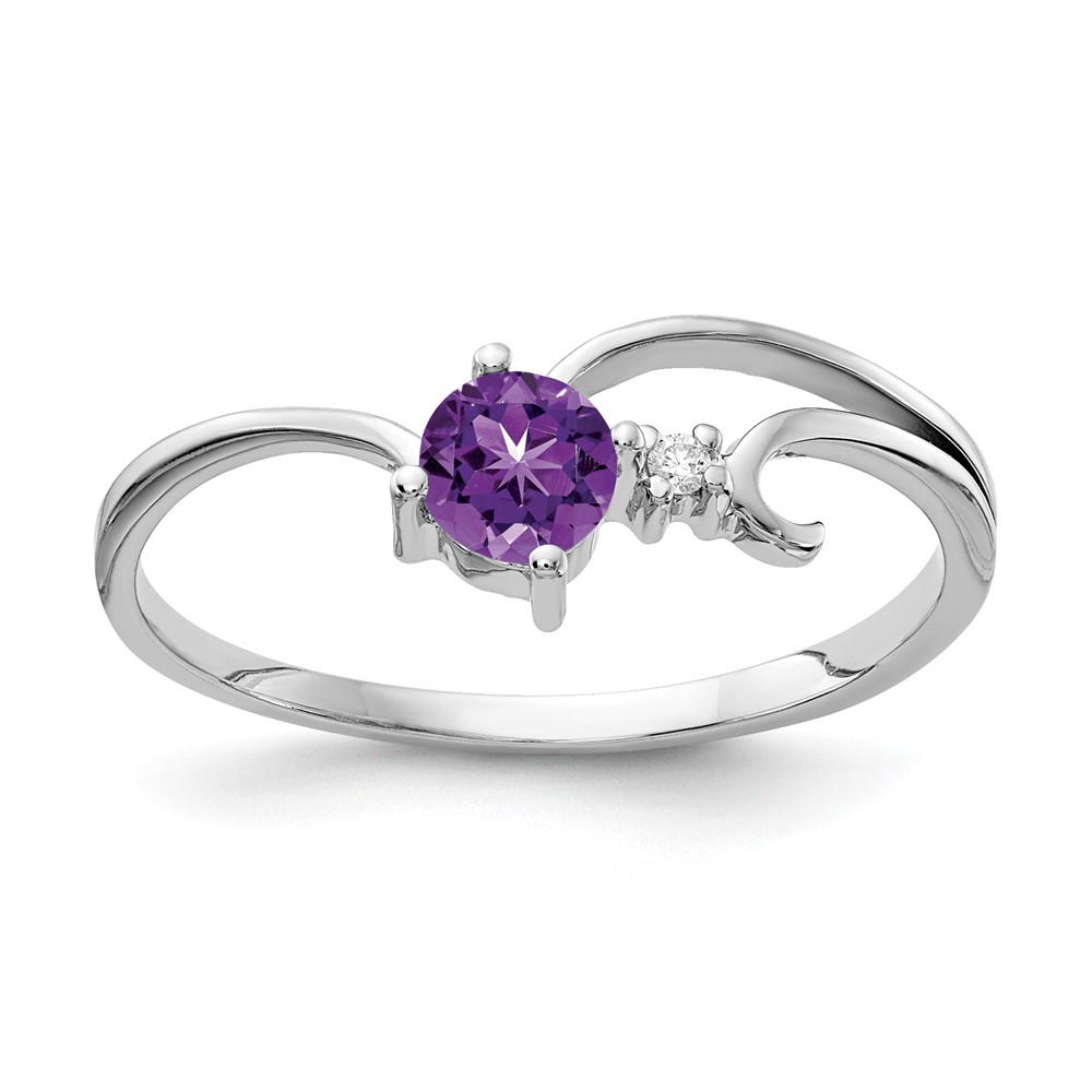 14K White Gold 4mm Round Amethyst and AA Diamond Ring