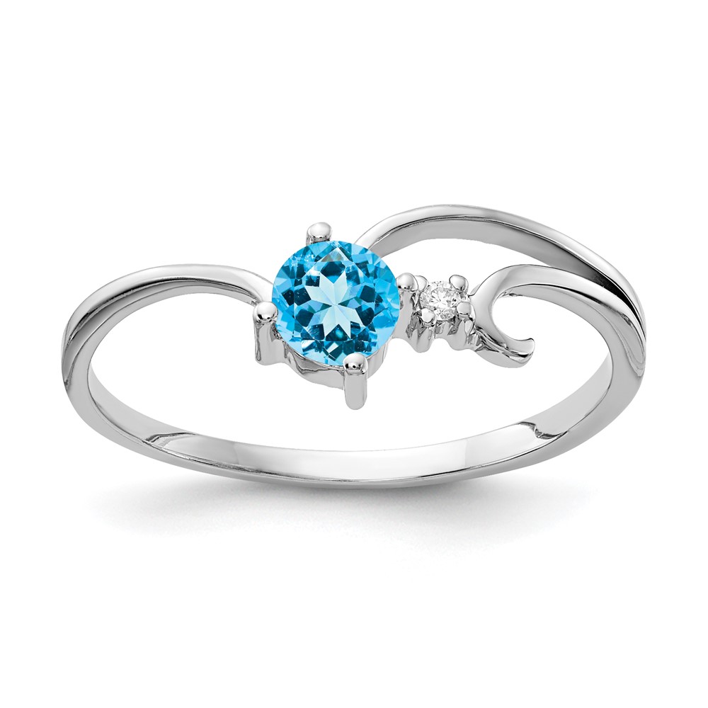 14K White Gold 4mm Round Blue Topaz and Aaa Diamond Ring