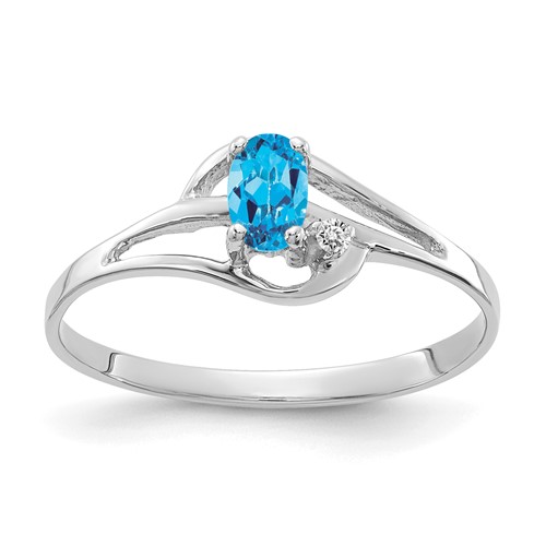 14K White Gold 5x 3mm Oval Blue Topaz and AA Diamond Ring