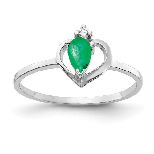 14K White Gold 5x 3mm Pear Emerald and AA Diamond Heart Ring