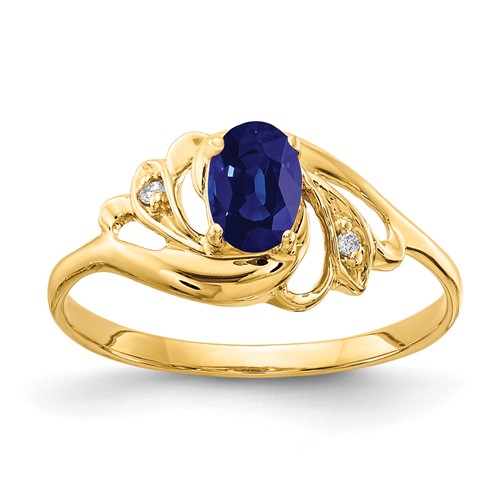 14K Yellow Gold 6x 4mm Oval Blue Sapphire and AA Diamond Ring