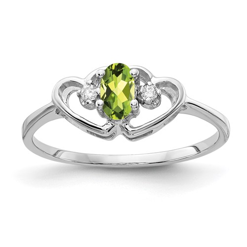 14K White Gold 5x 3mm Oval Peridot and AA Diamond Two Hearts Ring