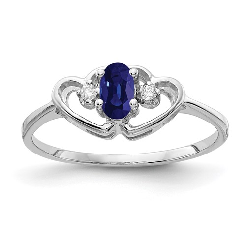 14K White Gold 5x 3mm Oval Blue Sapphire and AA Diamond Two Hearts Ring
