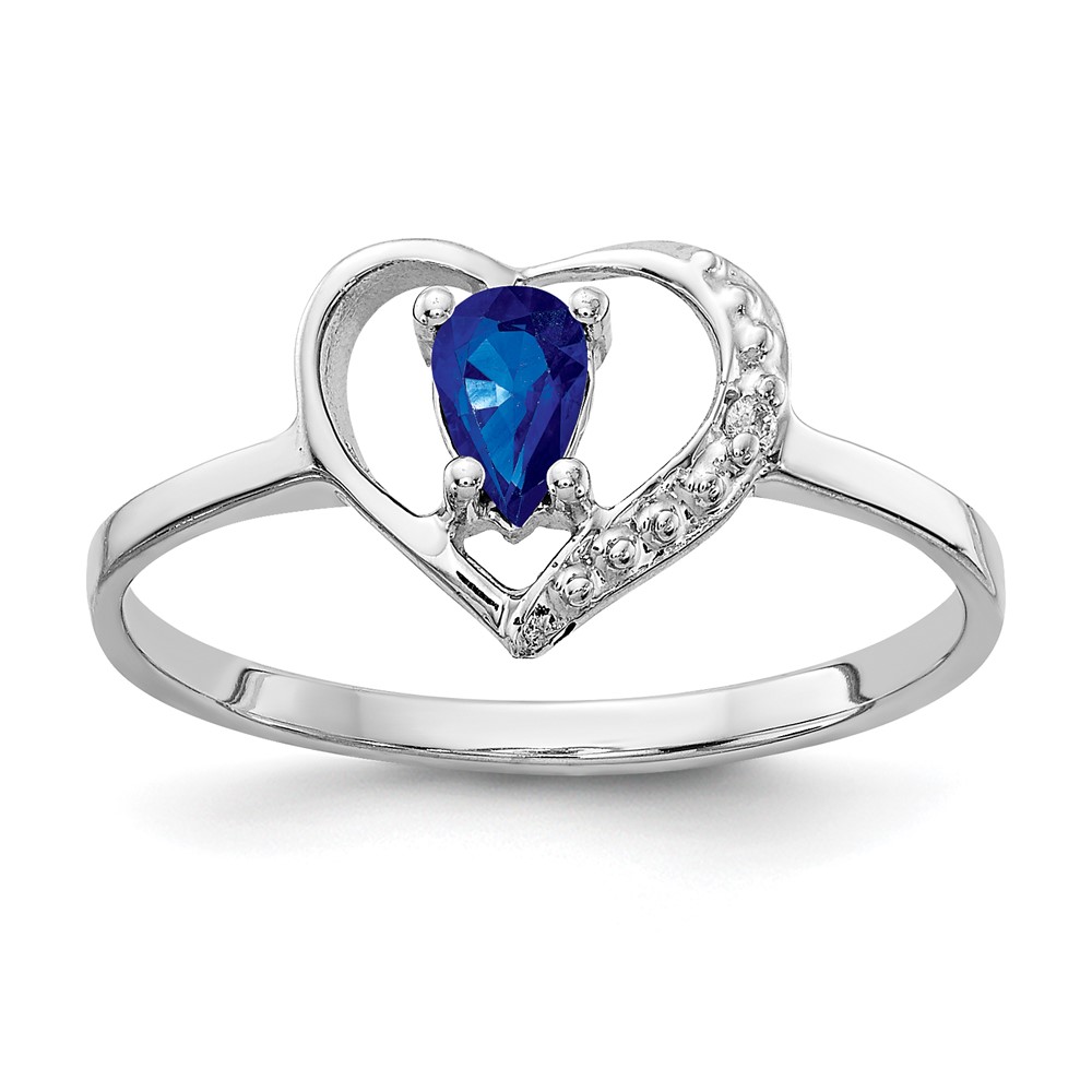 14K White Gold 5x 3mm Pear Blue Sapphire and AA Diamond Heart Ring