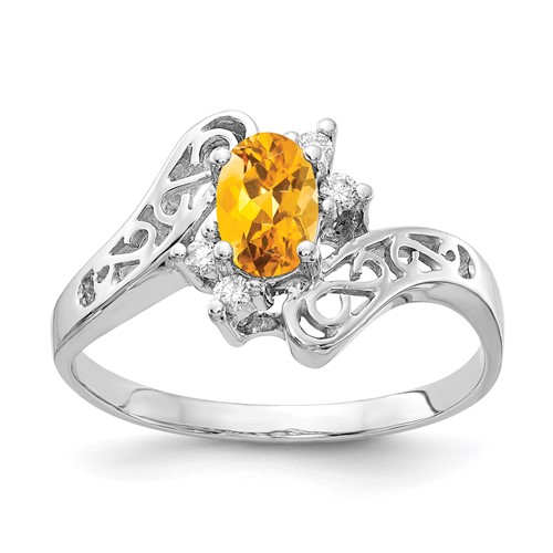 14K White Gold 6x 4mm Oval Citrine and 0.05 Carat AA Diamond Ring