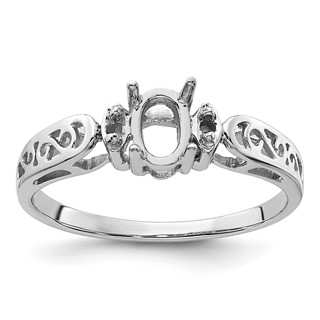 14k White Gold Polished Holds 2-1.6mm Diamond and 6x4mm Oval Gemstone Ring Mounting
