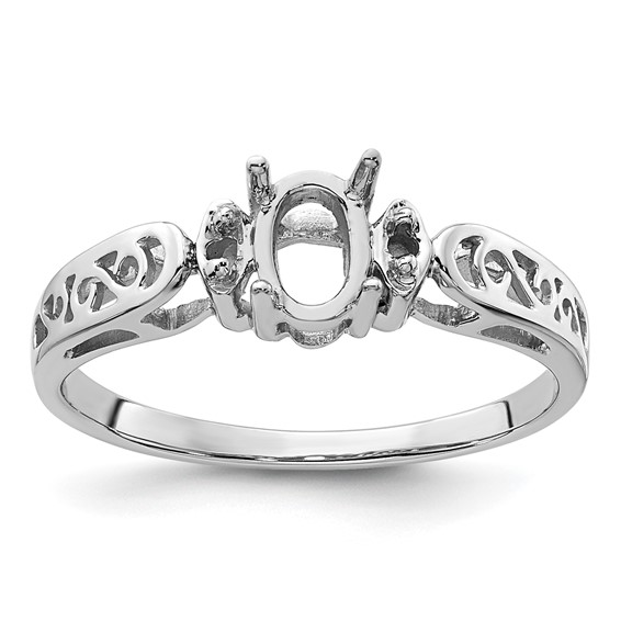 14k White Gold Polished Holds 2-1.6mm Diamond and 6x4mm Oval Gemstone Ring Mounting