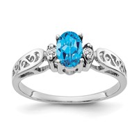 14K White Gold 6x 4mm Oval Blue Topaz and Aaa Diamond Filigree Ring view 1