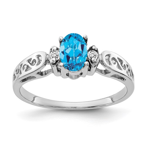 14K White Gold 6x 4mm Oval Blue Topaz and AA Diamond Filigree Ring