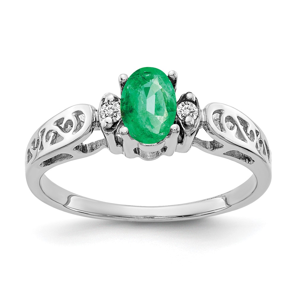 14K White Gold 6x4mm Oval Emerald and VS Diamond Ring