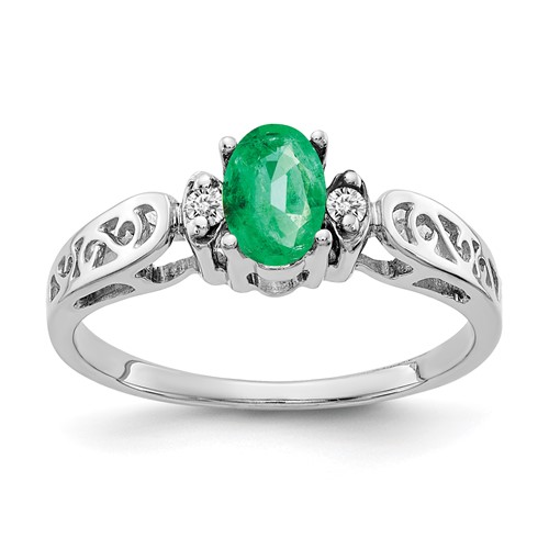 14K White Gold 6x 4mm Oval Emerald and AA Diamond Ring