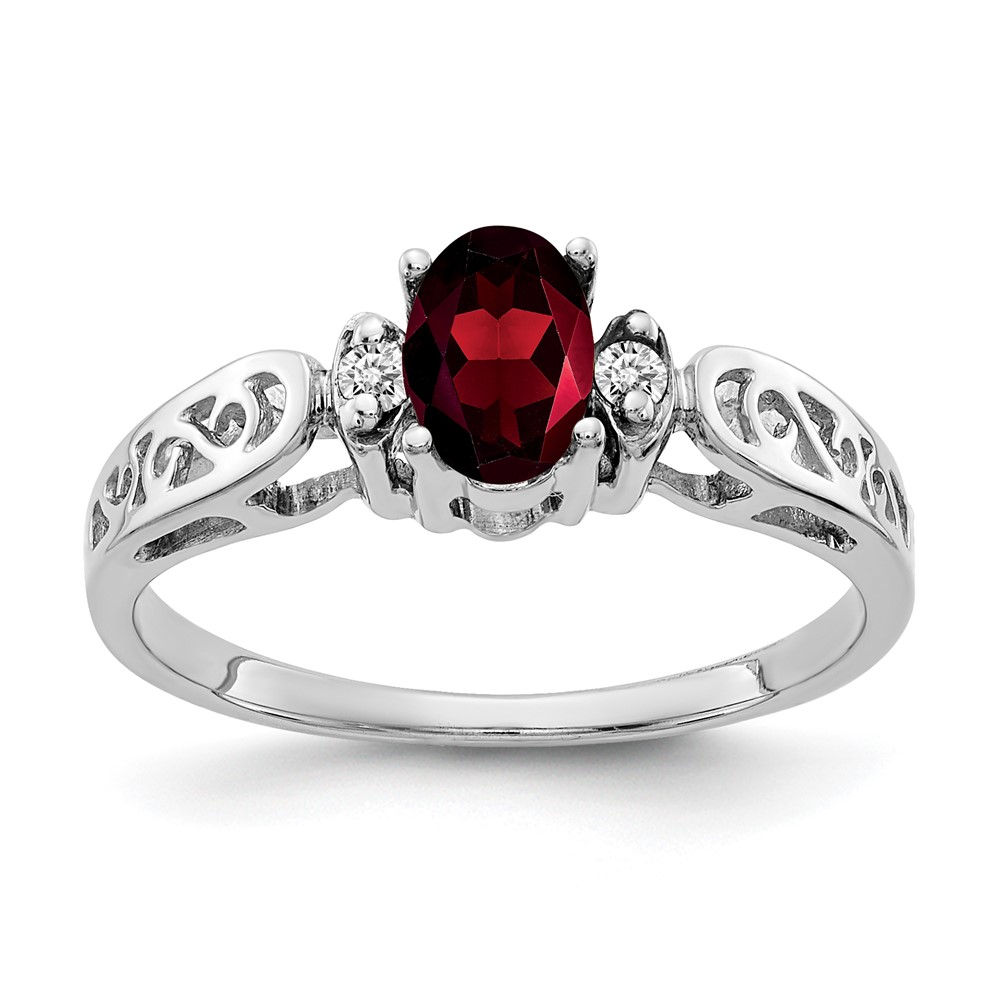 14K White Gold 6x 4mm Oval Garnet and AA Diamond Filigree Ring