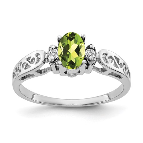 14K White Gold 6x 4mm Oval Peridot and Aaa Diamond Filigree Ring