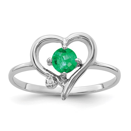 14K White Gold AA Diamond and 4mm Round Emerald Heart Ring