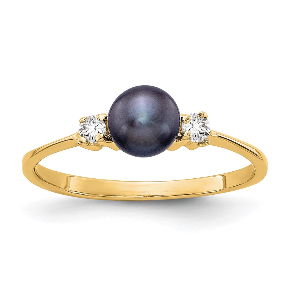 14K 5mm Yellow Gold Black Freshwater Cultured Pearl and 0.07 Carat Aaa Diamond Ring