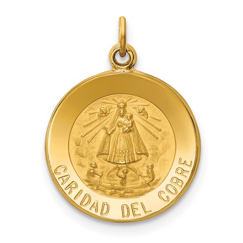 14K Yellow Gold Polished and Satin Solid Caridad Del Cobre Medal Round Pendant