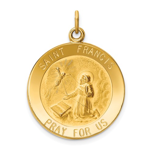 14K Yellow Gold Polished and Satin Solid St Francis Medal Round Pendant