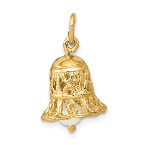 14K Yellow Gold 3-D Wedding Bell Charm with Freshwater Cultured Pearl Clapper