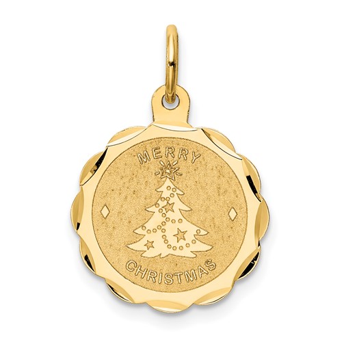 14K Yellow Gold Merry Christmas Charm with Tree 15mm Engravable Disc