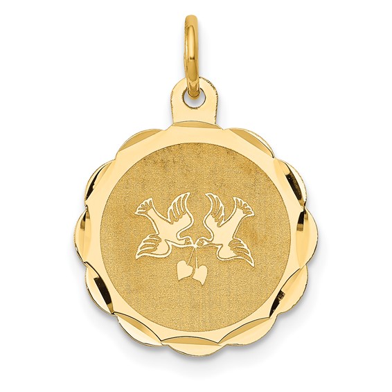 14k Love Birds Scalloped Border Engravable Disc Charm