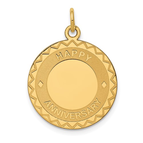 14K Yellow Gold Happy Anniversary Charm with Hearts 20mm Engravable Disc
