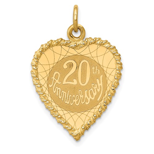14K Yellow Gold 20th Anniversary 19mm Engravable Rope-Edge Heart Charm