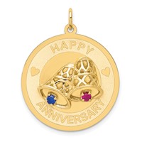 14K Yellow Gold Happy Anniversary Blue and Red CZ Charm with Bells 25mm Engravable Disc view 1